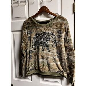 Cold Crush Womens Large‎ Camo Elephant Fuzzy Fleece Pullover Sweatshirt Green